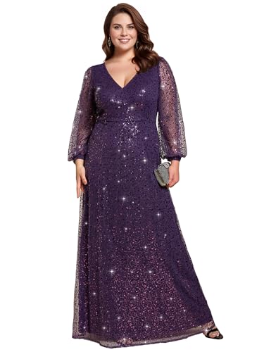 Women's A-Line V Neck Sheer Long Sleeves Plus Size Sequin Formal Dress 01999-DA