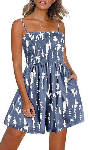 Women Summer Smocked Short Overalls Casual Boho Floral Rompers Spaghetti Straps Beach Jumpsuits with Pockets PH0