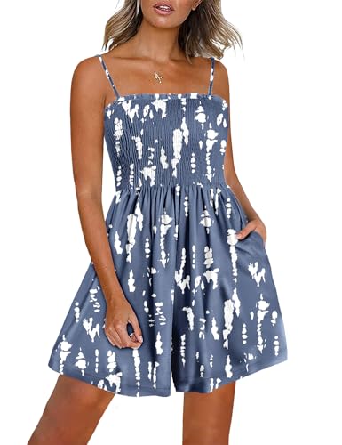Women Summer Smocked Short Overalls Casual Boho Floral Rompers Spaghetti Straps Beach Jumpsuits with Pockets PH0