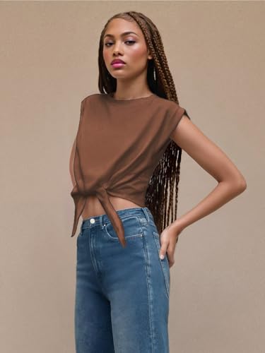 Crop Tops for Women Crew Neck T Shirts Short Sleeve Knotted Twist Front Loose Summer Basic Tee