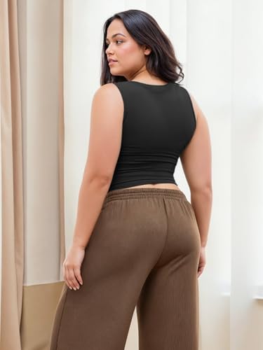 Plus Size Tops for Women Sleeveless Ruched Crew Neck Crop Tank Top Summer Casual Outfits