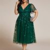 Women's V Neck Short Sleeves Embroidery Empire Waist Sequin Plus Size Midi Cocktail Wedding Guest Dresses 2230-DA