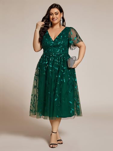 Women's V Neck Short Sleeves Embroidery Empire Waist Sequin Plus Size Midi Cocktail Wedding Guest Dresses 2230-DA