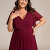 A Line V Neck Chiffon Short Sleeves High Low Knee Length Plus Size Wedding Guest Dresses for Curvy Women 01923-DA