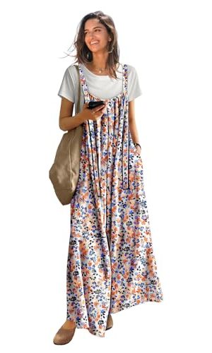 Casual Wide Leg Jumpsuits for Women Boho Floral Pleated Overalls Rompers Summer Outfits with Pockets P0D
