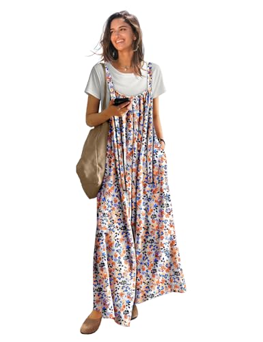 Casual Wide Leg Jumpsuits for Women Boho Floral Pleated Overalls Rompers Summer Outfits with Pockets P0D