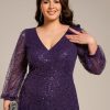 Women's A-Line V Neck Sheer Long Sleeves Plus Size Sequin Formal Dress 01999-DA