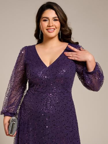 Women's A-Line V Neck Sheer Long Sleeves Plus Size Sequin Formal Dress 01999-DA
