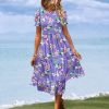Women's Summer Causal Puff Short Sleeve Smocked Dress Elastic Waist Tiered Midi Dress with Pockets EP2