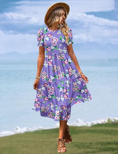 Women's Summer Causal Puff Short Sleeve Smocked Dress Elastic Waist Tiered Midi Dress with Pockets EP2