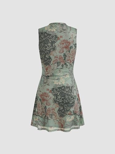 Mini Dress Floral Sundress Ruched Dress Stand Neck Middle Waist Elegant Party Cocktail Clubbing Dresses