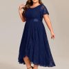 Women's Lace Round Neck Short Sleeves High Low Plus Size Midi Cocktail Wedding Guest Dresses
