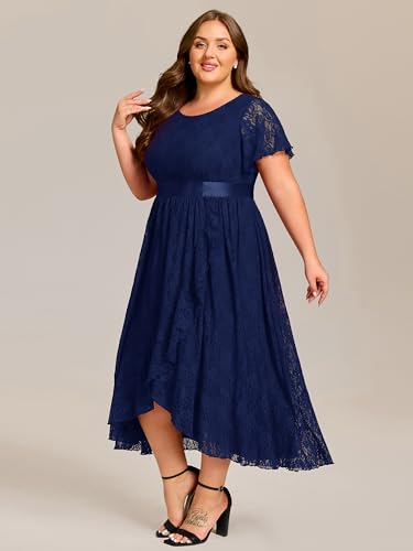Women's Lace Round Neck Short Sleeves High Low Plus Size Midi Cocktail Wedding Guest Dresses