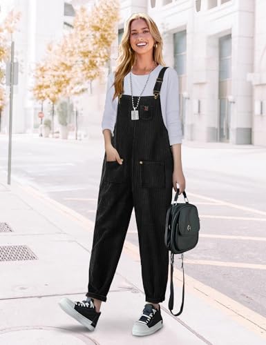 Women's Corduroy Casual Bib Overalls Loose Tapered Jumpsuits Adjustable Straps Rompers Fall Outfit with Pockets PC9
