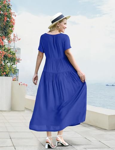 Women Casual Loose Bohemian Floral Dress with Pockets Short Sleeve Long Maxi Summer Beach Swing Dresses M EJF Solid P Royal Blue