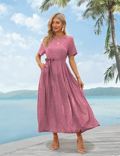 Women Casual Loose Bohemian Dress with Pockets Short Sleeve Long Maxi Summer Beach Swing Dresses