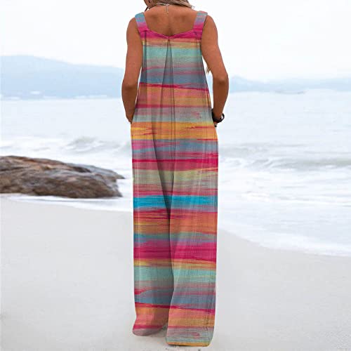 Women's Summer Rompers 2023 Printed Button Up Jumpsuit Casual Loose Sleeveless Rompers with Pockets Rompers