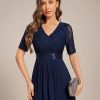 Women's V Neck Lace Chiffon Half Sleeves A Line Hi-Lo Wedding Guest Dresses 04489
