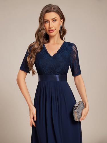 Women's V Neck Lace Chiffon Half Sleeves A Line Hi-Lo Wedding Guest Dresses 04489
