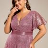Women's V Neck Embroidered Sequin A Line Ruffles Sleeves Plus Size Evening Dresses Ball Gowns 02314-DA