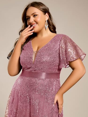 Women's V Neck Embroidered Sequin A Line Ruffles Sleeves Plus Size Evening Dresses Ball Gowns 02314-DA