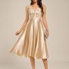 Women's Satin Sequin Appliques A Line Midi Length Wedding Guest Dress with Pockets 02341