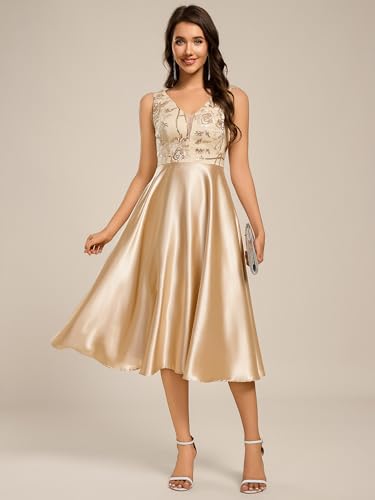 Women's Satin Sequin Appliques A Line Midi Length Wedding Guest Dress with Pockets 02341