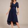 Women's V Neck Lace Chiffon Half Sleeves A Line Hi-Lo Wedding Guest Dresses 04489