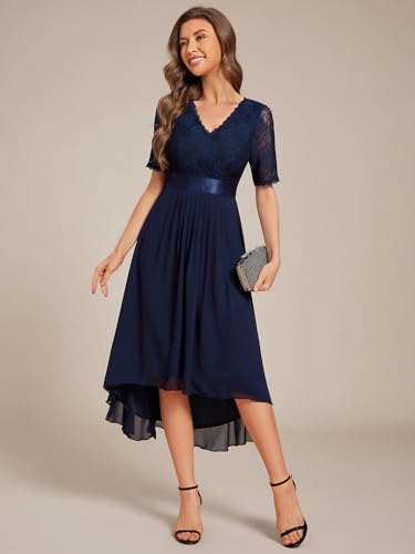 Women's V Neck Lace Chiffon Half Sleeves A Line Hi-Lo Wedding Guest Dresses 04489