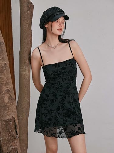 Women's Summer Mini Dress Floral Dresses Sleeveless Lace Mesh Square Neck Spaghetti Strap Short Party Dresses
