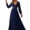 Women's V Neck Long Sleeves Floor Length Ruched Chiffon Formal Dress 00461