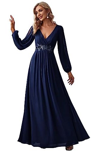 Women's V Neck Long Sleeves Floor Length Ruched Chiffon Formal Dress 00461
