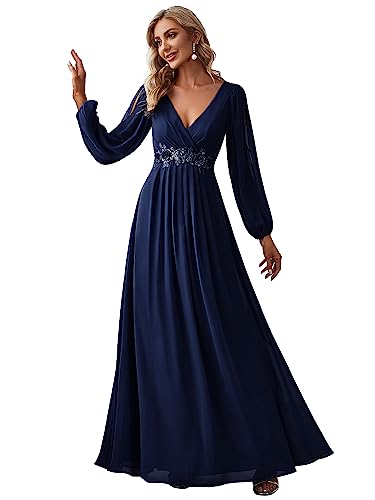 Women's V Neck Long Sleeves Floor Length Ruched Chiffon Formal Dress 00461