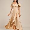 Women's V Neck Satin Short Sleeves Ruffle Hi-Lo Midi Bridesmaid Dress 02336