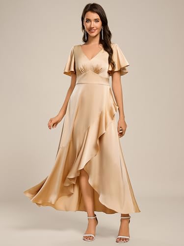 Women's V Neck Satin Short Sleeves Ruffle Hi-Lo Midi Bridesmaid Dress 02336