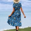Women's Summer Causal Puff Short Sleeve Smocked Dress Elastic Waist Tiered Midi Dress with Pockets EP2