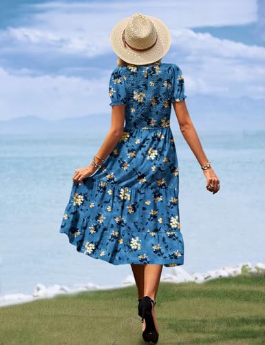 Women's Summer Causal Puff Short Sleeve Smocked Dress Elastic Waist Tiered Midi Dress with Pockets EP2