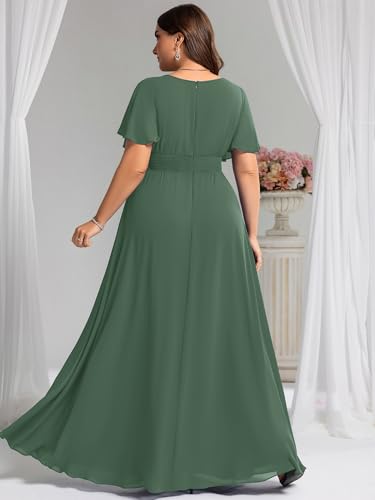 Women's Summer Round Neck A Line Pleated Chiffon Short Sleeves Plus Size Formal Gowns Bridesmaid Dresses
