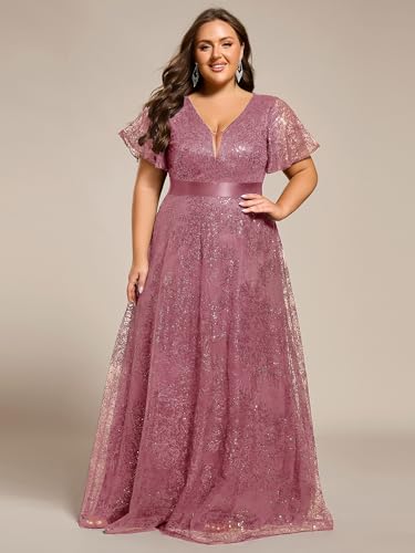 Women's V Neck Embroidered Sequin A Line Ruffles Sleeves Plus Size Evening Dresses Ball Gowns 02314-DA