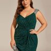 Women's Stretchy V-Neck Sleeveless High Slit Glitter Bodycon Plus Size Ball Gowns Formal Dresses for Curvy Women