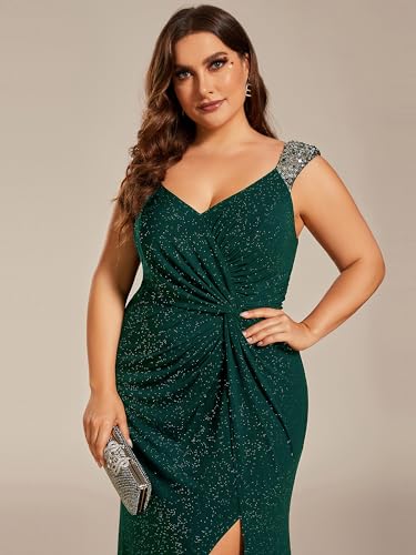 Women's Stretchy V-Neck Sleeveless High Slit Glitter Bodycon Plus Size Ball Gowns Formal Dresses for Curvy Women