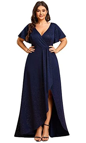 Sparkle V Neck A Line Ruffle Sleeve High Low Glitter Cocktail Wedding Guest Dresses for Curvy Women
