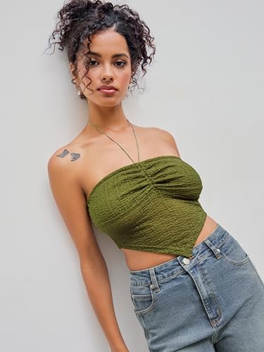 Halter Tops for Women Crochet Boho Backless Ruched Tie Back Vacation Beach Tank Crop Tops