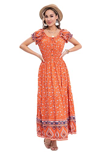 Women's 2025 Summer Short Sleeves Boho Floral Print Tiered Casual Flowy Long Maxi Dress