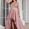 Women's Elegant V Neck Sleeveless High Low A Line Sequin Satin Plus Size Cocktail Formal Dresses