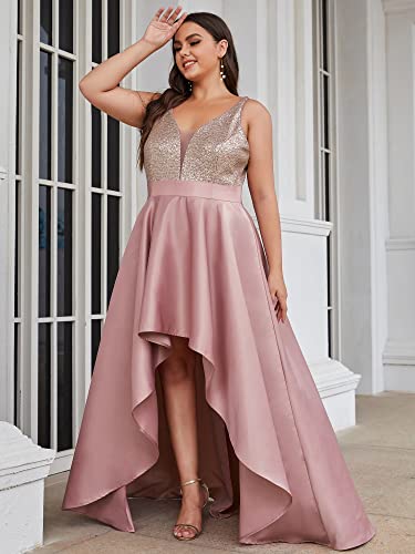 Women's Elegant V Neck Sleeveless High Low A Line Sequin Satin Plus Size Cocktail Formal Dresses