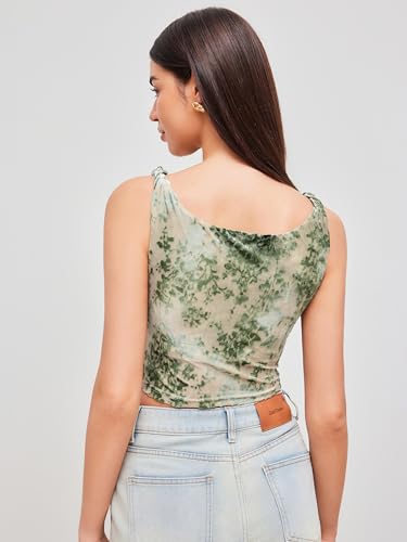 Women's Mesh U Neck Floral Ruched Crop Cami Top