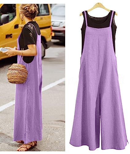 Women Casual Loose Boyfriend Bib Pants Summer Wide Leg Cotton Jumpsuits Rompers with Pockets (S PZZTYP2 Light Purple)
