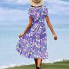 Women's Summer Causal Puff Short Sleeve Smocked Dress Elastic Waist Tiered Midi Dress with Pockets EP2