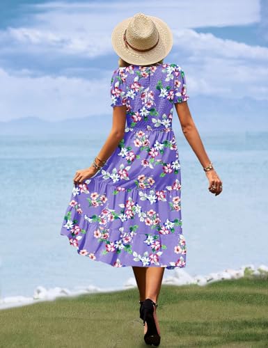 Women's Summer Causal Puff Short Sleeve Smocked Dress Elastic Waist Tiered Midi Dress with Pockets EP2
